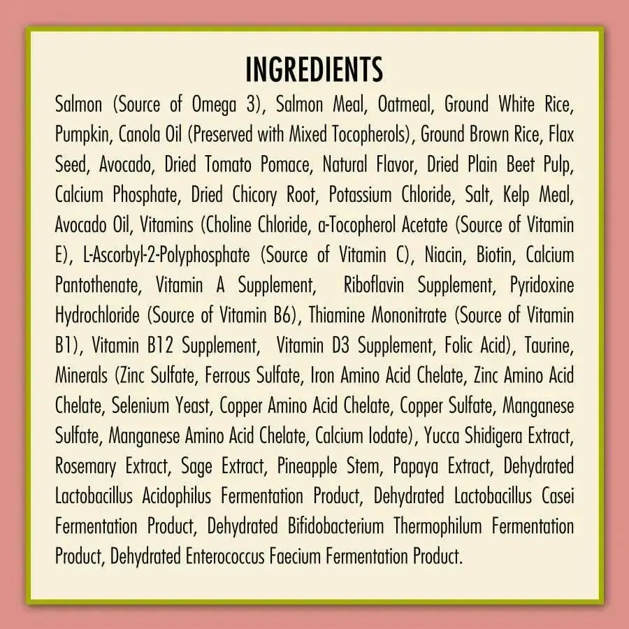 The ingredients of AvoDerm CPD Adv Sensitive Support Salmon & Oatmeal Formula Dry Dog Food—salmon, oatmeal, brown rice, sweet potato, vitamins, minerals, and extracts—are shown on a beige background with a pink border.