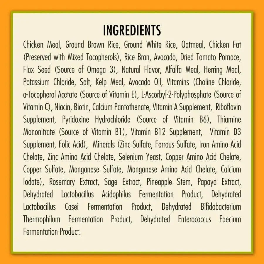 AvoDerm chicken meal and brown rice dog food ingredients list highlighting premium quality components