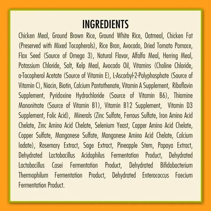 AvoDerm chicken meal and brown rice dog food ingredients list highlighting quality nutrition for dogs