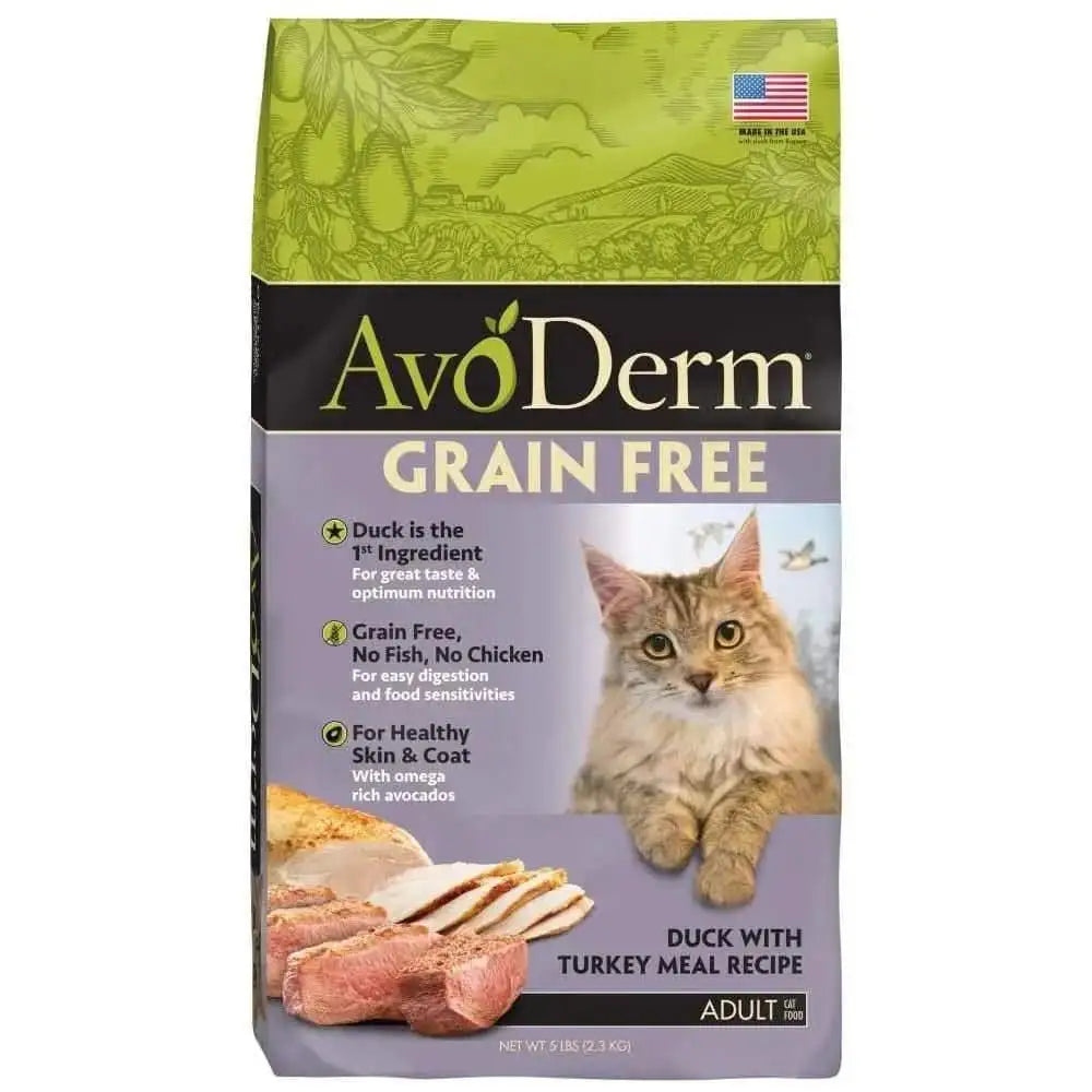 AvoDerm dry cat food Duck with Turkey Meal Recipe in a grain-free formula for healthy skin and coat