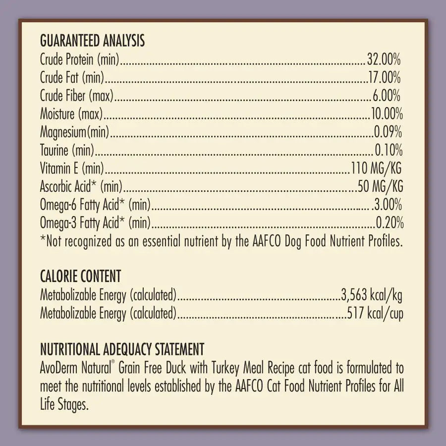 Nutritional label for AvoDerm dry cat food detailing ingredients and analysis for feline health