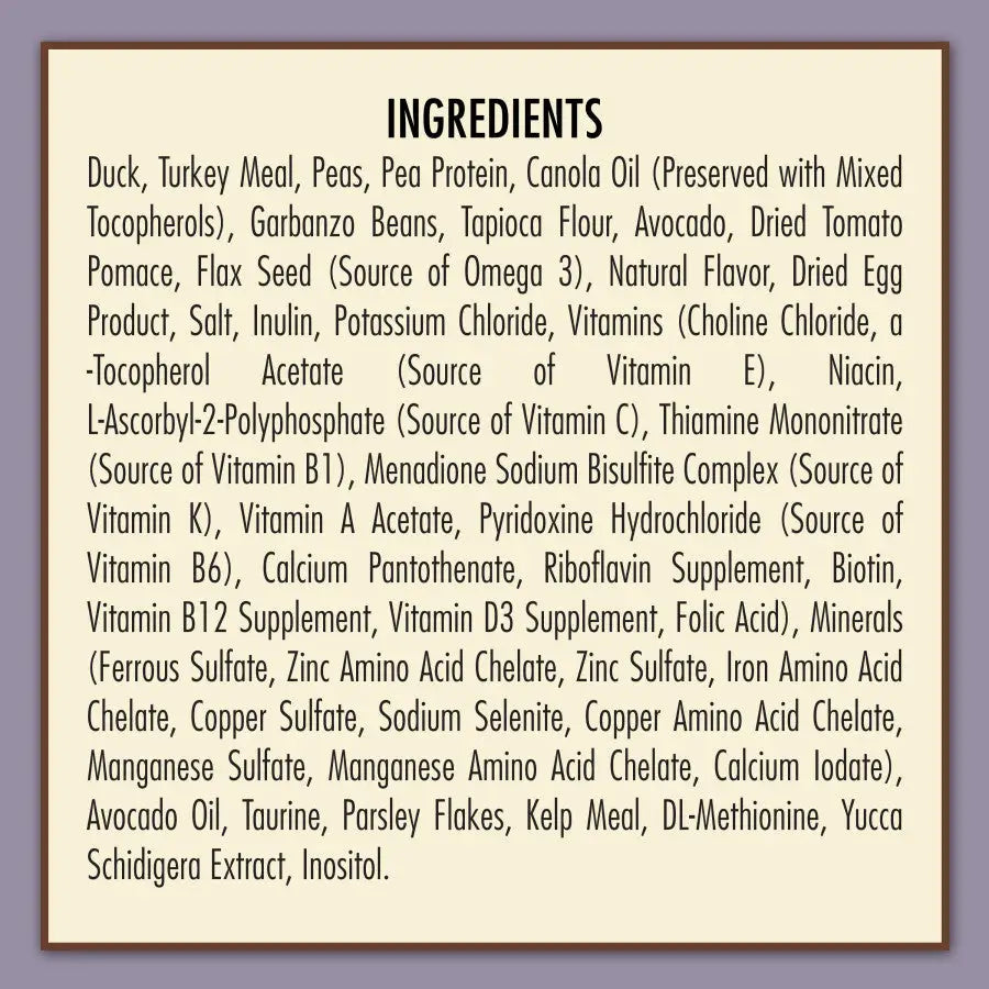 AvoDerm dry cat food ingredients list including duck, turkey, and peas for balanced nutrition