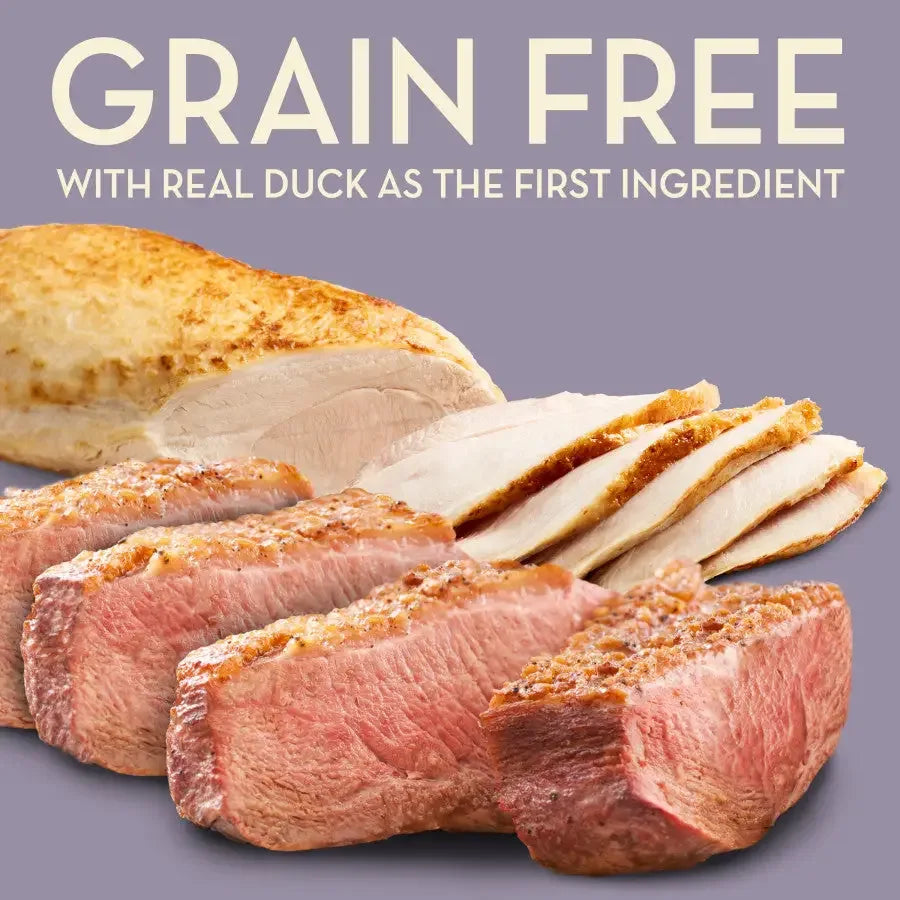 AvoDerm dry cat food featuring grain-free recipe with real duck as the first ingredient