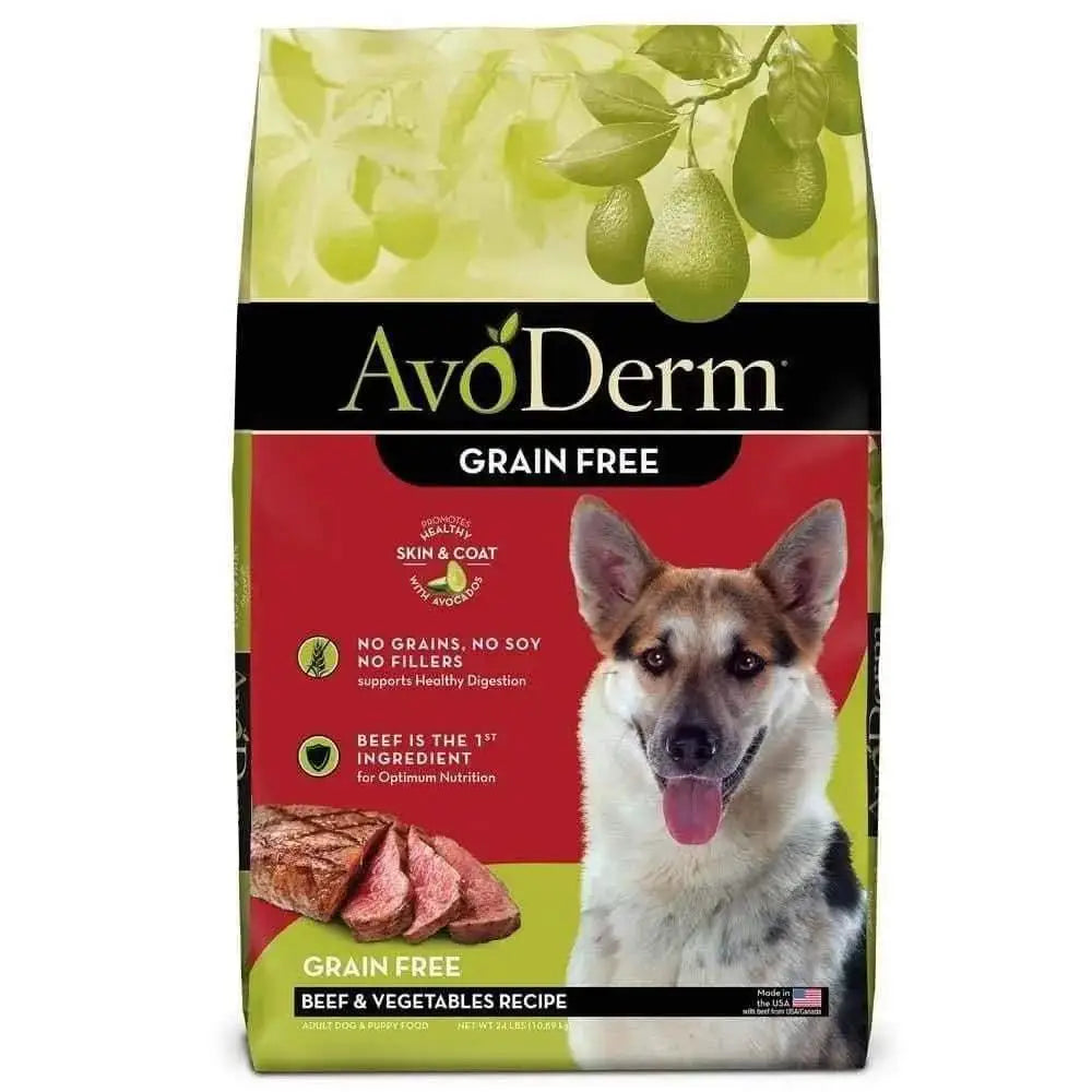 The AvoDerm Grain Free Beef and Vegetables Dry Dog Food bag features a German Shepherd, avocados, and beef slices, highlighting its grain-free beef and vegetables recipe with no soy or fillers.