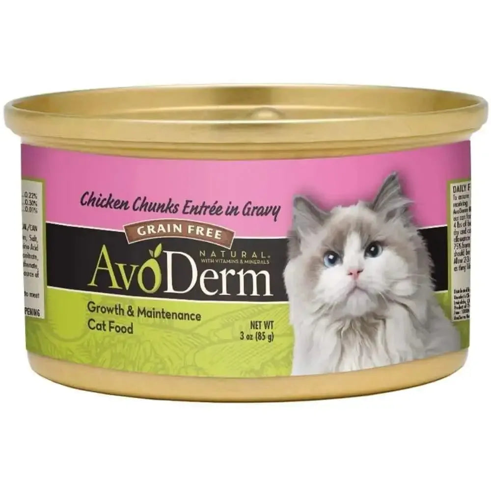AvoDerm Grain Free Chicken Chunks Entree in Gravy Canned Cat Food, 3oz, comes in a pink and gold can and features a fluffy white and gray cat on the label—delicious nutrition from AvoDerm for your feline.