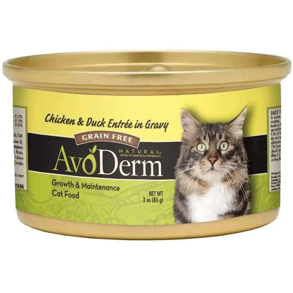 AvoDerm Grain Free Chicken & Duck Entree in Gravy Canned Cat Food, 3oz can, features a green and yellow label with a tabby cat image; suitable for growth and maintenance. Sold as 24 cans per case.