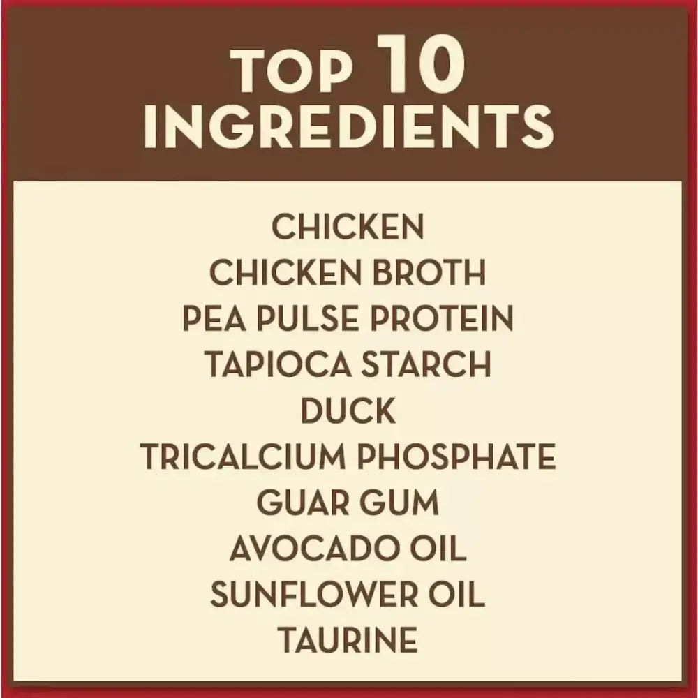 AvoDerm Grain Free Chicken & Duck Recipe in Gravy Cat Food Pouch, by AvoDerm, features a top 10 ingredient list: chicken, chicken broth, pea pulse protein, tapioca starch, duck, tricalcium phosphate, guar gum, avocado oil, sunflower oil, and taurine.