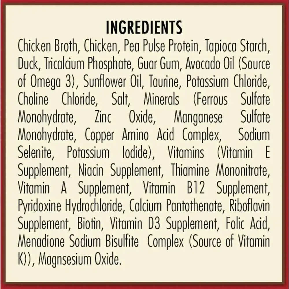 The AvoDerm Grain Free Chicken & Duck Recipe in Gravy Cat Food Pouch (24ea/3oz) features chicken, pea protein, tapioca starch, duck, vitamins & minerals on a beige background with red border—ideal for grain free wet cat food.