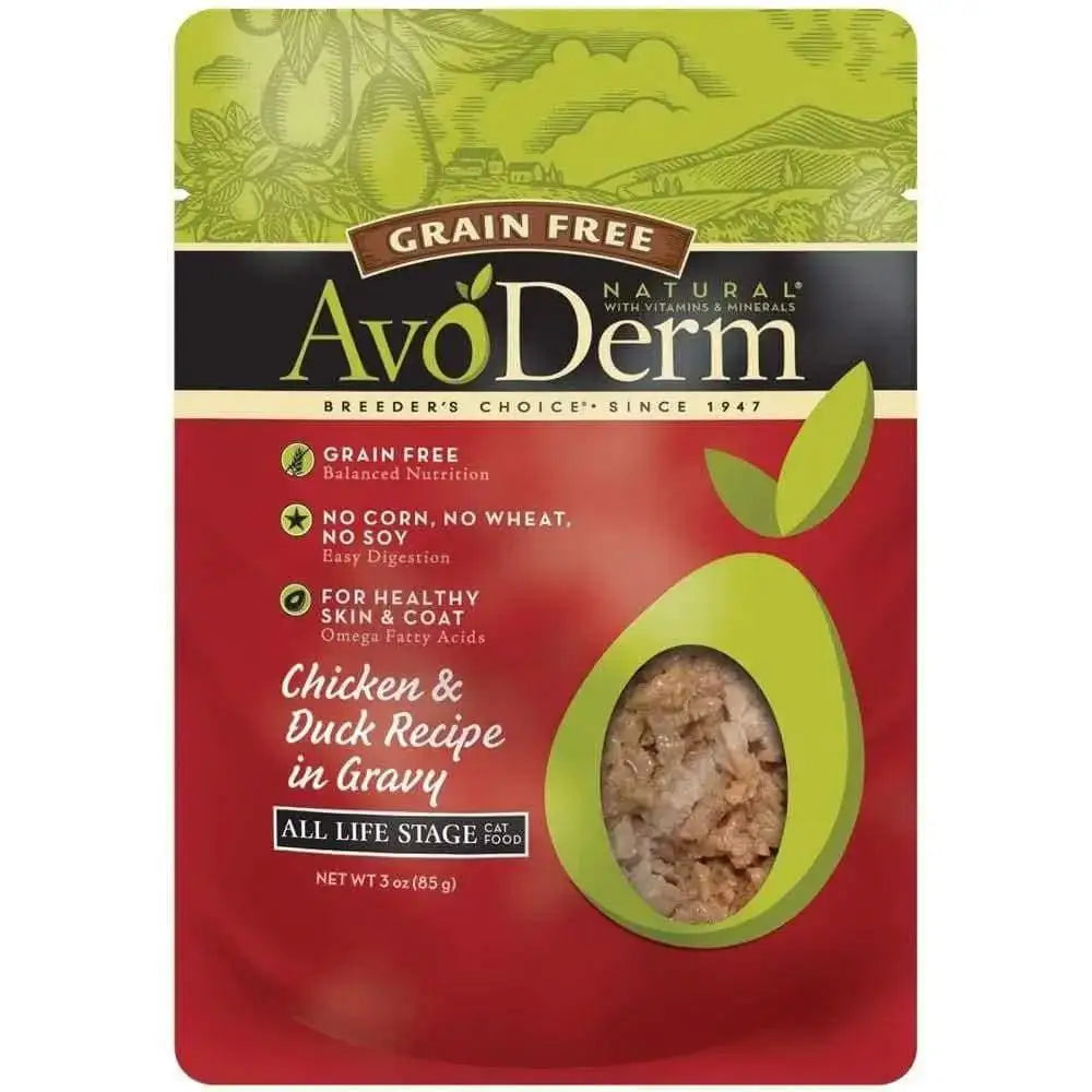 AvoDerm Grain Free Chicken & Duck Recipe in Gravy Cat Food Pouch 24ea/3oz features a green avocado graphic, a window displaying the wet food, and key benefits highlighted on the front.