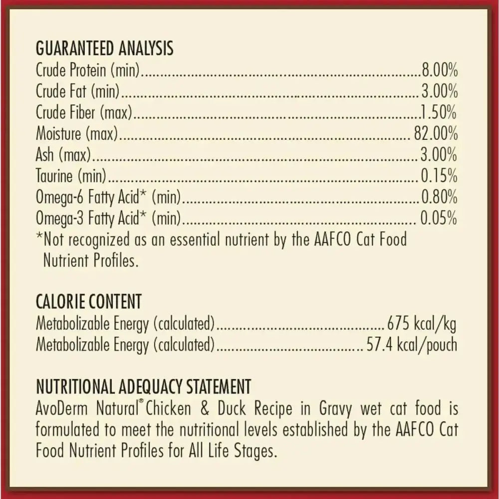 AvoDerm Grain Free Chicken & Duck Recipe in Gravy Cat Food Pouch (24x3oz) nutrition label with guaranteed analysis, calorie content, and an AAFCO Cat Food Nutrient Profiles adequacy statement.