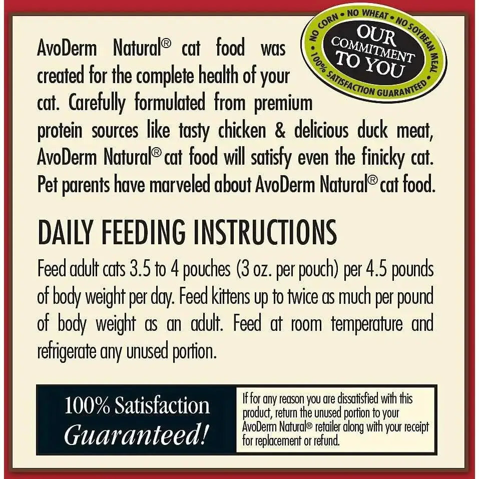 AvoDerm Grain Free Chicken & Duck Recipe in Gravy Cat Food Pouch offers a feeding guide by cat weight, features premium proteins, 100% satisfaction guarantee, and advises refrigerating unused wet food. Brand: AvoDerm. Pack: 24 x 3oz.