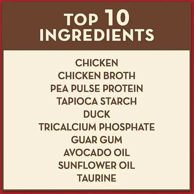 AvoDerm Grain Free Chicken & Duck Recipe in Gravy Cat Food Pouch features top ingredients like chicken, chicken broth, pea protein, and avocado oil—an ideal grain-free wet cat food choice for quality-focused pet owners.