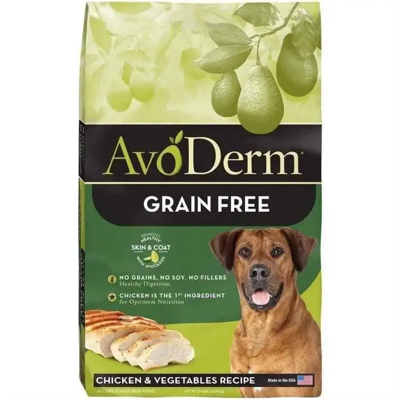 AvoDerm Grain Free Chicken and Vegetables Dry Dog Food features a brown dog, sliced chicken, veggies, and avocados on the packaging—ideal for those seeking a nutritious avocado dog food. Key product features are clearly highlighted.