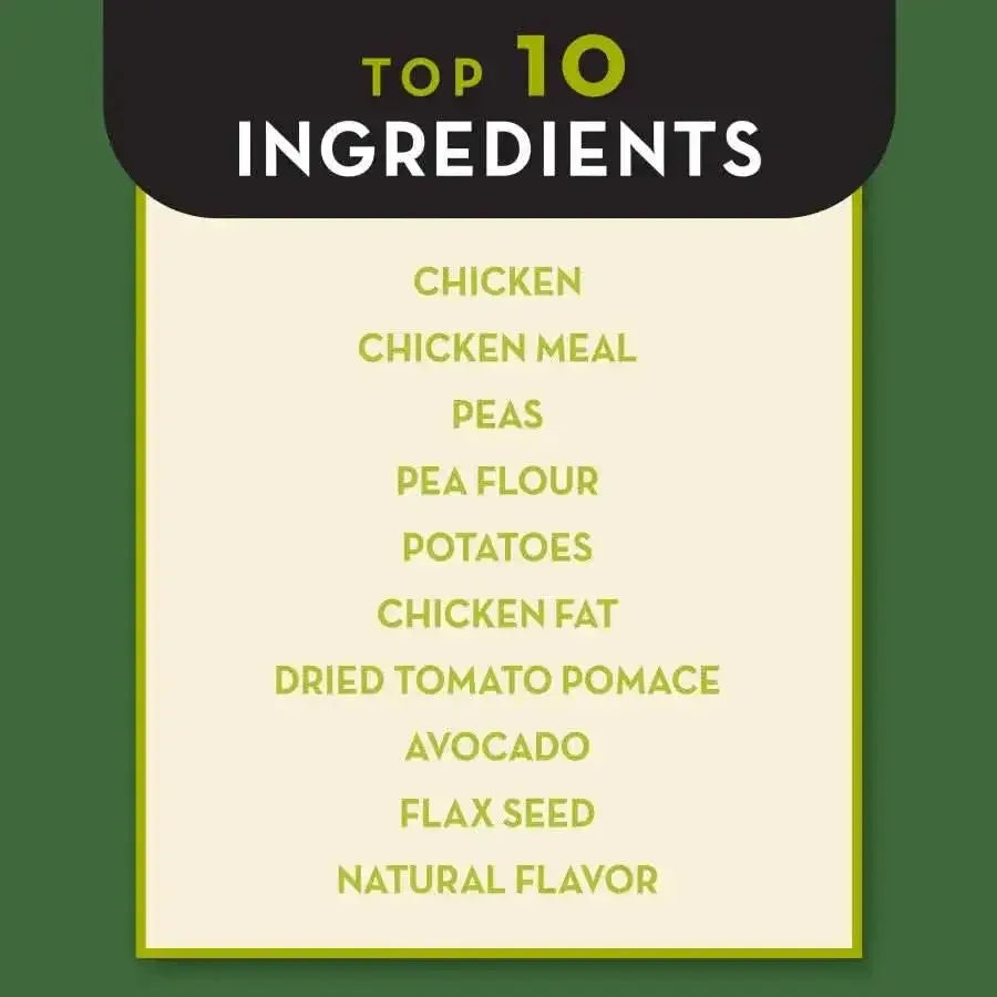 AvoDerm Grain Free Chicken and Vegetables Dry Dog Food by AvoDerm highlights top ingredients like chicken, chicken meal, and avocado on a green-background Top 10 Ingredients list—perfect for those seeking nutritious grain free dog food.