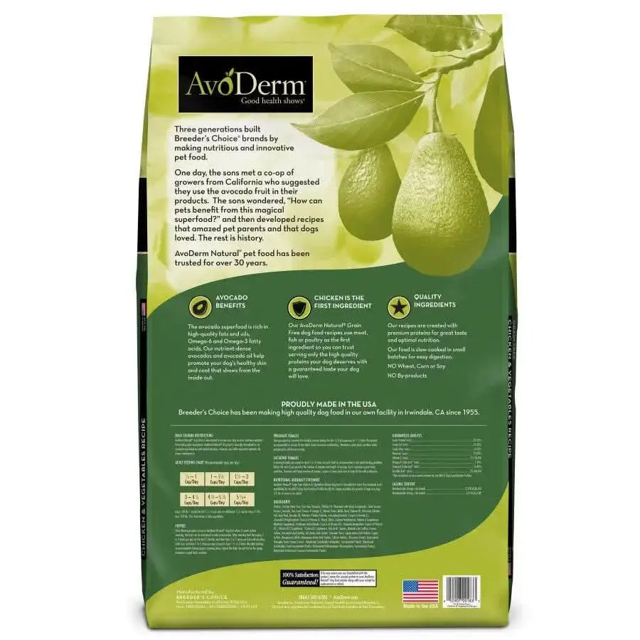 Back of an AvoDerm Grain Free Chicken and Vegetables Dry Dog Food bag showing avocados, product info, benefits, ingredients, and barcode. Features chicken as the main ingredient, avocado benefits, and U.S. manufacturing.