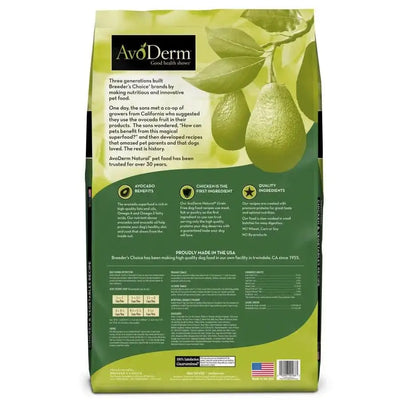 Back of an AvoDerm Grain Free Chicken and Vegetables Dry Dog Food bag showing avocados, product info, benefits, ingredients, and barcode. Features chicken as the main ingredient, avocado benefits, and U.S. manufacturing.