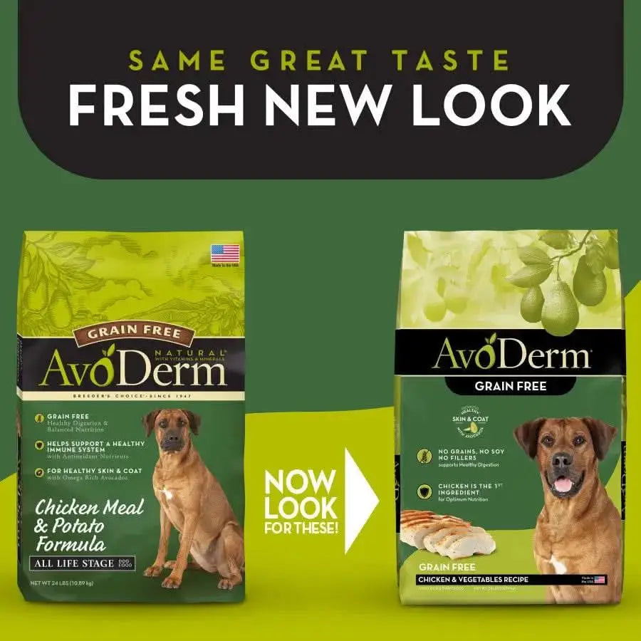 Two packages of AvoDerm Grain Free Chicken and Vegetables Dry Dog Food by AvoDerm are shown side by side, with a yellow arrow pointing to the redesigned package featuring a brown dog, green accents, and updated grain-free chicken recipe labeling.