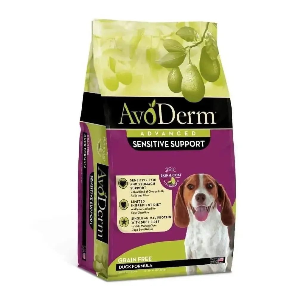AvoDerm Grain Free LID Revolving Menu Duck Recipe by AvoDerm features a happy dog, green avocado graphic, and purple/yellow color blocks. This limited ingredient food supports sensitive skin and stomach with its grain free duck formula.