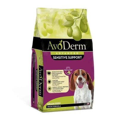 AvoDerm Grain Free LID Revolving Menu Duck Recipe by AvoDerm features a happy dog, green avocado graphic, and purple/yellow color blocks. This limited ingredient food supports sensitive skin and stomach with its grain free duck formula.