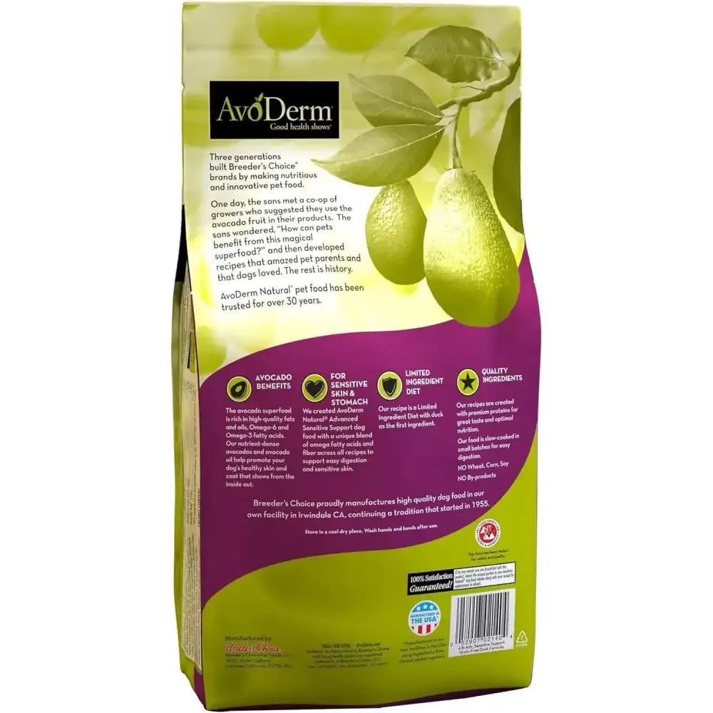 The back of an AvoDerm CPD Grain Free LID Revolving Menu Duck Recipe bag displays two avocados and details highlighting its Limited Ingredient Diet, quality ingredients, sensitive skin support, and 30+ years of avocado expertise.