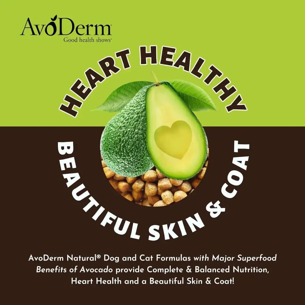 An avocado with a heart-shaped cutout sits atop dry pet food, surrounded by Heart Healthy, Beautiful Skin & Coat. The AvoDerm CPD logo is above, featuring AvoDerm Grain Free LID Revolving Menu Duck Recipe’s limited ingredient diet benefits.