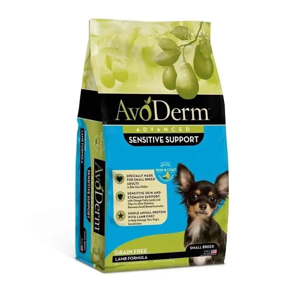 AvoDerm Grain Free LID Revolving Menu Lamb Recipe Small Breed Dry Dog Food 4lb, by AvoDerm, supports sensitive skin and stomachs with a lamb formula and features avocados for small breeds. Packaging shows a small dog.