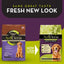 Two bags of AvoDerm dog food with a golden retriever. The green bag highlights grain free for sensitive stomachs; the purple is AvoDerm Grain Free LID Revolving Menu Lamb & Sweet Potato Dry Dog Food. Text: “Same Great Taste, Fresh New Look.”.