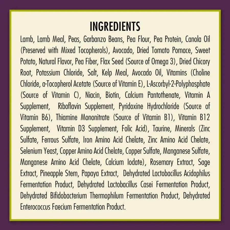 A rectangular label for AvoDerm Grain Free LID Revolving Menu Lamb & Sweet Potato Dry Dog Food lists meats, vegetables, oils, vitamins, minerals, amino acids, and probiotics in one long paragraph inside a purple border.
