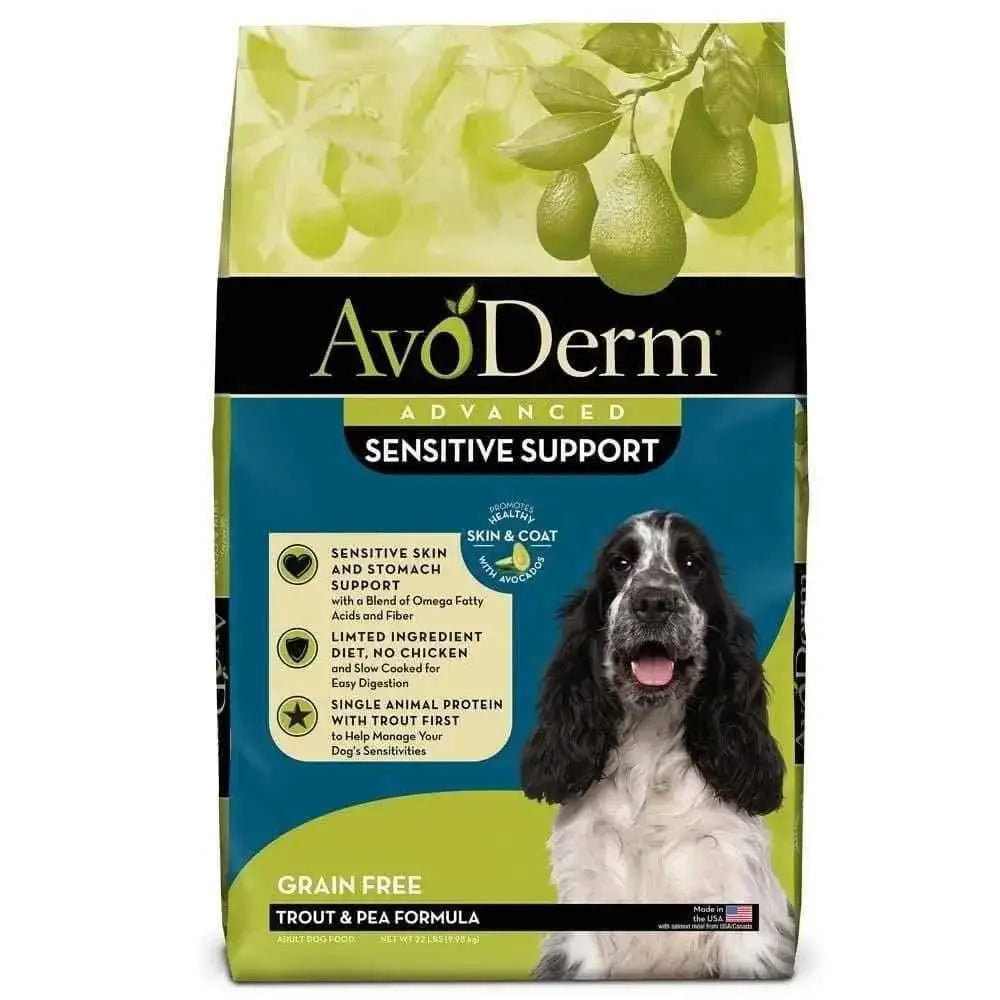 AvoDerm Grain Free LID Revolving Menu Trout & Pea Recipe Dry Dog Food features a black and white dog, avocados, and highlights easy-to-digest ingredients for sensitive skin and stomach.