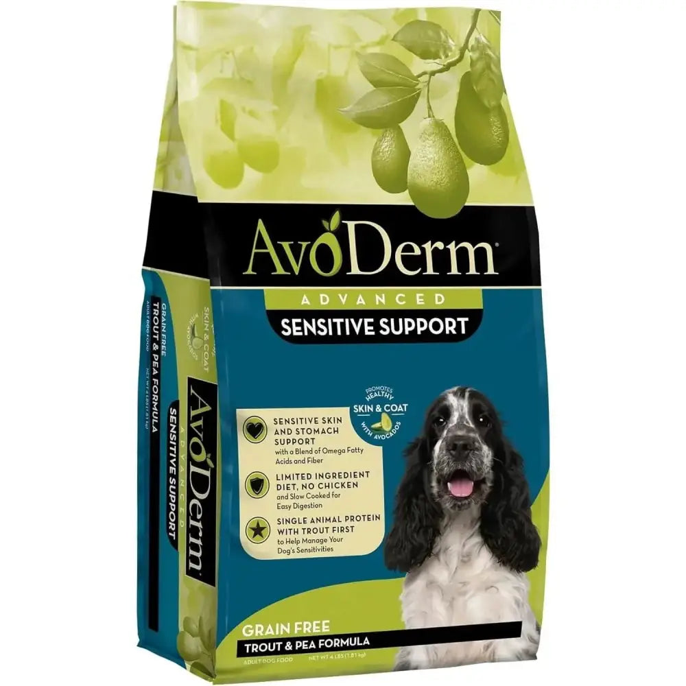 AvoDerm Grain Free LID Revolving Menu Trout & Pea Recipe Dry Dog Food bag features a black and white dog, green avocados, and highlights support for sensitive skin and stomach.