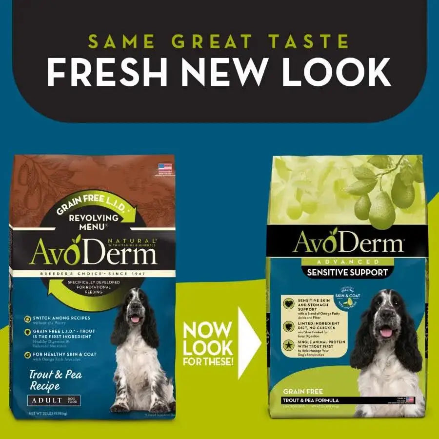 Two bags of AvoDerm Grain Free LID Revolving Menu Trout & Pea Recipe Dry Dog Food come in fresh new packaging. Both bags feature a black and white dog and text highlighting their Fresh New Look.