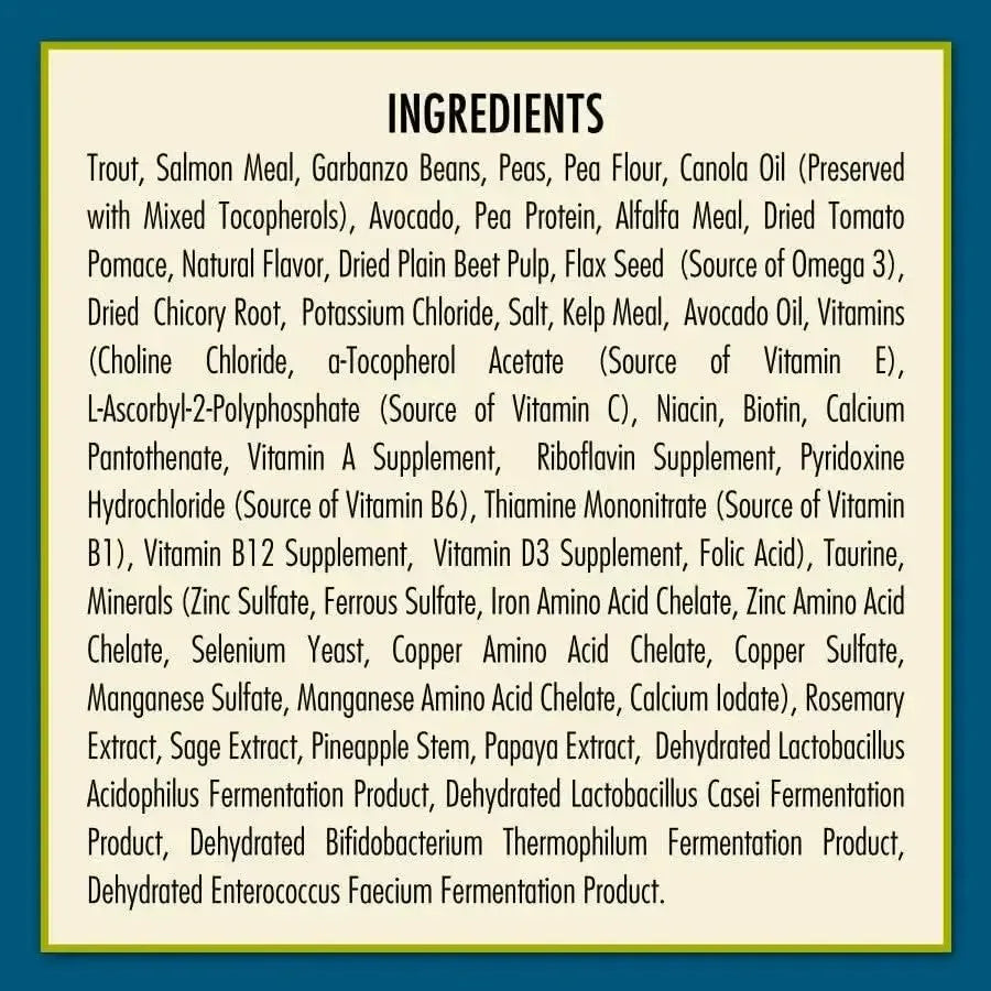 A rectangular label for AvoDerm Grain Free LID Revolving Menu Trout & Pea Recipe Dry Dog Food lists meats, vegetables, oils, vitamins, minerals, and supplements in small black text on beige with a blue border.