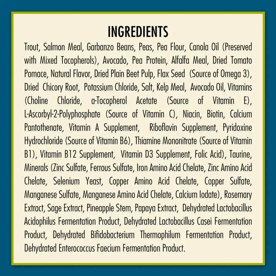 A rectangular yellow label with a blue border lists the ingredients for AvoDerm Grain Free LID Revolving Menu Trout & Pea Recipe Dry Dog Food, starting with INGREDIENTS at the top, followed by detailed food and supplement contents.