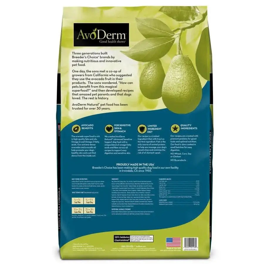 Back of an AvoDerm Grain Free LID Revolving Menu Trout & Pea Recipe Dry Dog Food bag shows avocados, green leaves, and text about avocado benefits, quality ingredients for sensitive skin. American flag and feeding instructions appear at the bottom.
