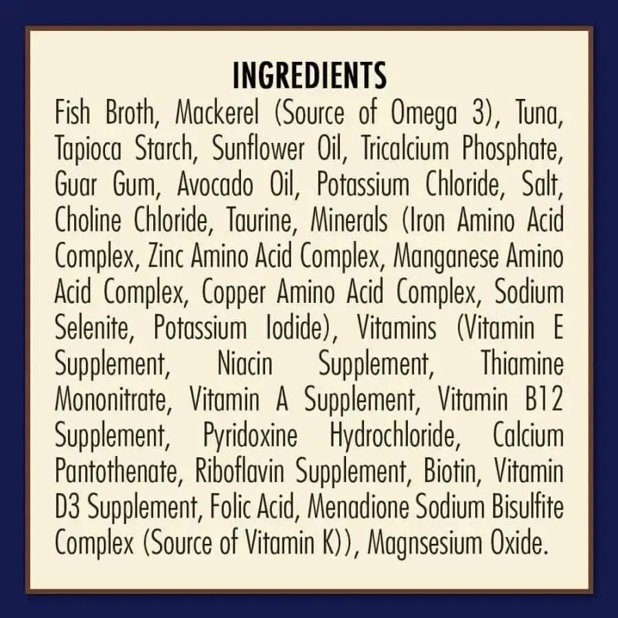 AvoDerm Grain Free Ocean Fish Recipe in Gravy Wet Cat Food Pouch (24ea/3oz) by AvoDerm contains fish broth, mackerel, tuna, avocado oil, and supplements—ideal for those seeking grain-free and avocado-based nutrition for their cats.