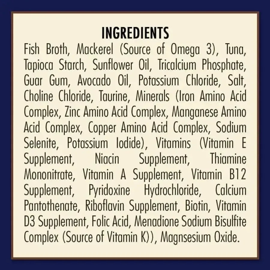 AvoDerm Grain Free Ocean Fish Recipe in Gravy Wet Cat Food Pouch (24ea/3oz) by AvoDerm contains fish broth, mackerel, tuna, avocado oil, and supplements—ideal for those seeking grain-free and avocado-based nutrition for their cats.