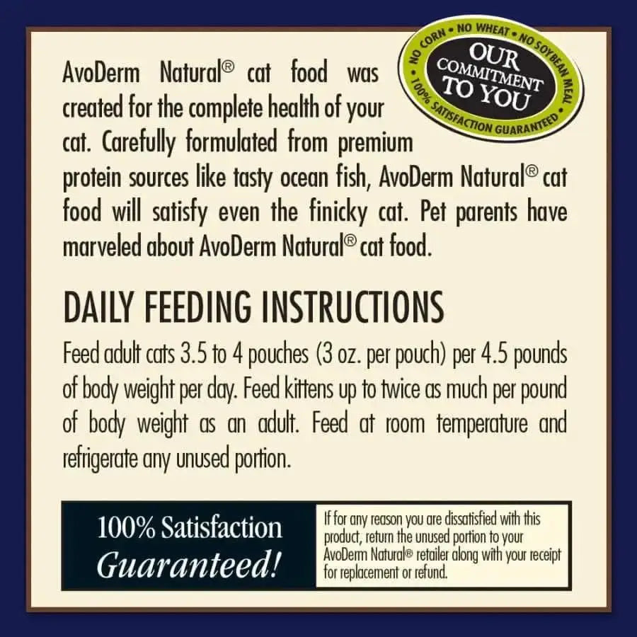 AvoDerm Grain Free Ocean Fish Recipe in Gravy Wet Cat Food Pouch features daily feeding instructions for adult cats, a 100% satisfaction guarantee, and a gold and green Our Commitment to You badge in the top right corner.