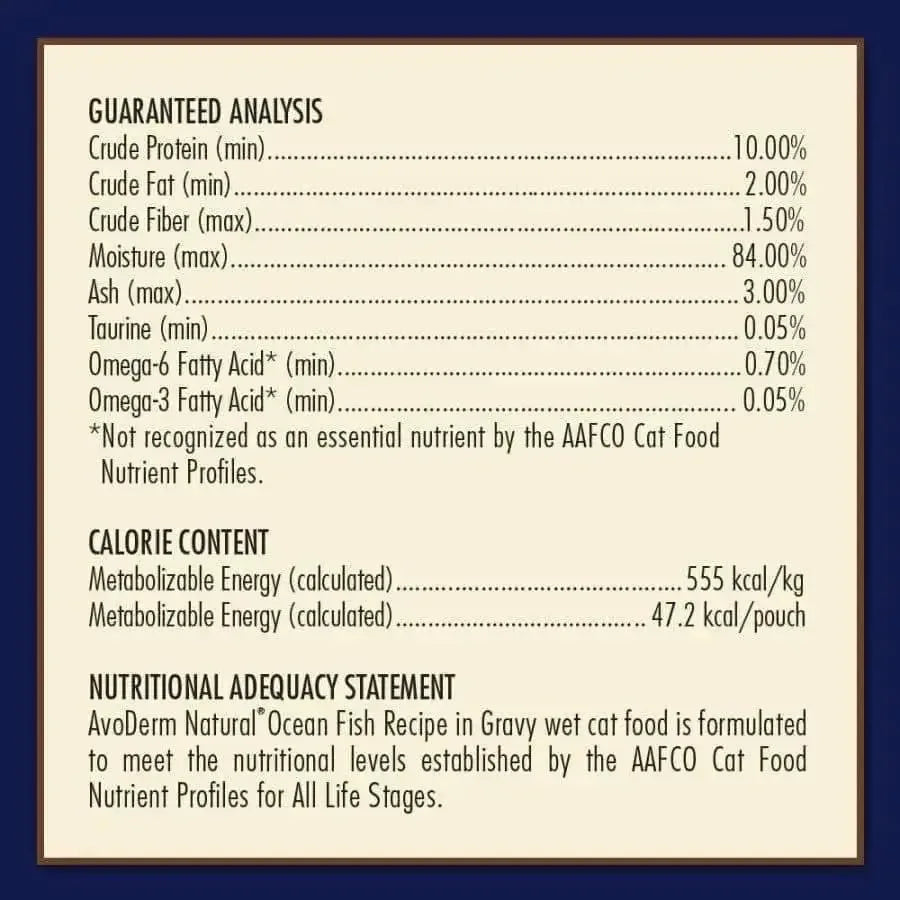AvoDerm Grain Free Ocean Fish Recipe in Gravy Wet Cat Food Pouch 24ea/3oz label displays guaranteed analysis, calorie content, and a nutritional adequacy statement for all life stages.