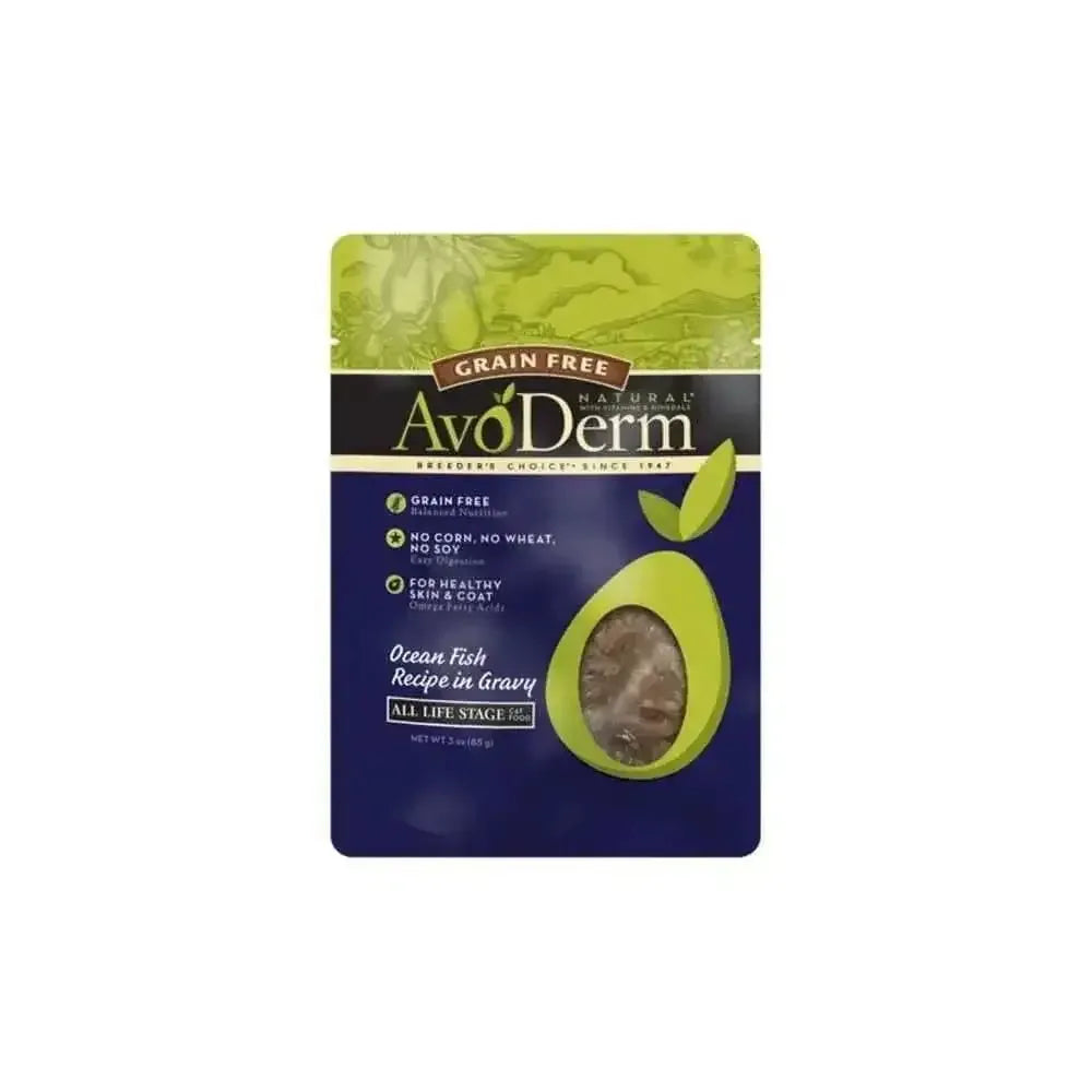 AvoDerm Grain Free Ocean Fish Recipe in Gravy Wet Cat Food Pouch, 24-pack of 3oz each, features avocado on its blue and green packaging and contains no corn, wheat, or soy.