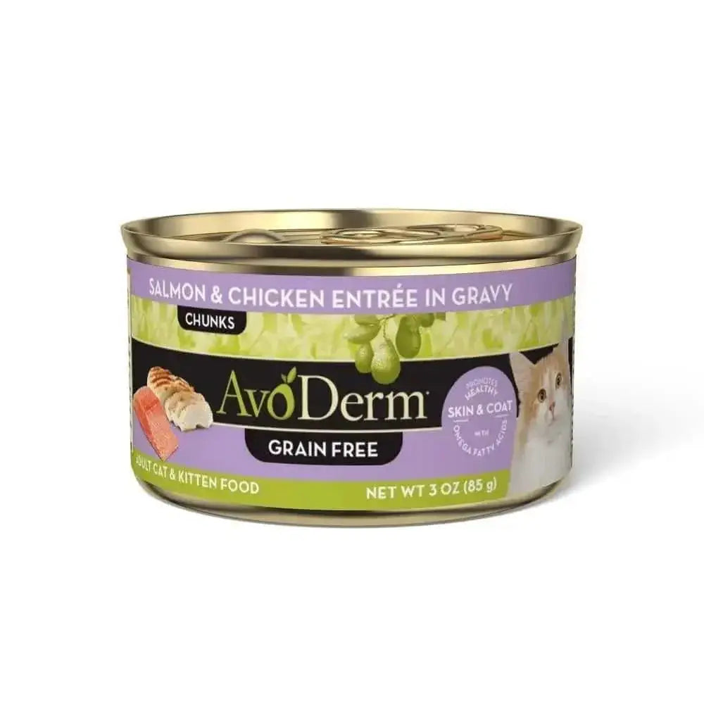 AvoDerm Grain Free Salmon & Chicken Entree in Gravy Canned Cat Food 24ea/3oz is a high protein, grain free wet cat food for adult cats and kittens—ideal for those seeking quality nutrition from the AvoDerm brand.