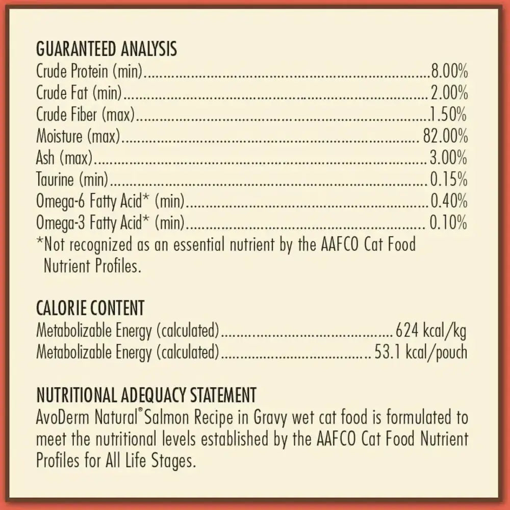 The AvoDerm Grain Free Salmon Recipe in Gravy Cat Food Pouch provides 8% protein, 2% fat, 1.5% fiber, 82% moisture, and 624 kcal/kg as shown on its nutritional label.