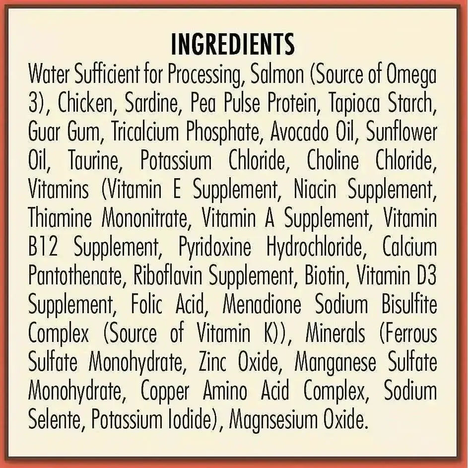 The AvoDerm Grain Free Salmon Recipe in Gravy Cat Food Pouch features a cream label with a red border listing water, chicken, sardine, salmon, pea protein, vitamins, oils & more—ideal for those seeking premium grain-free salmon cat food.