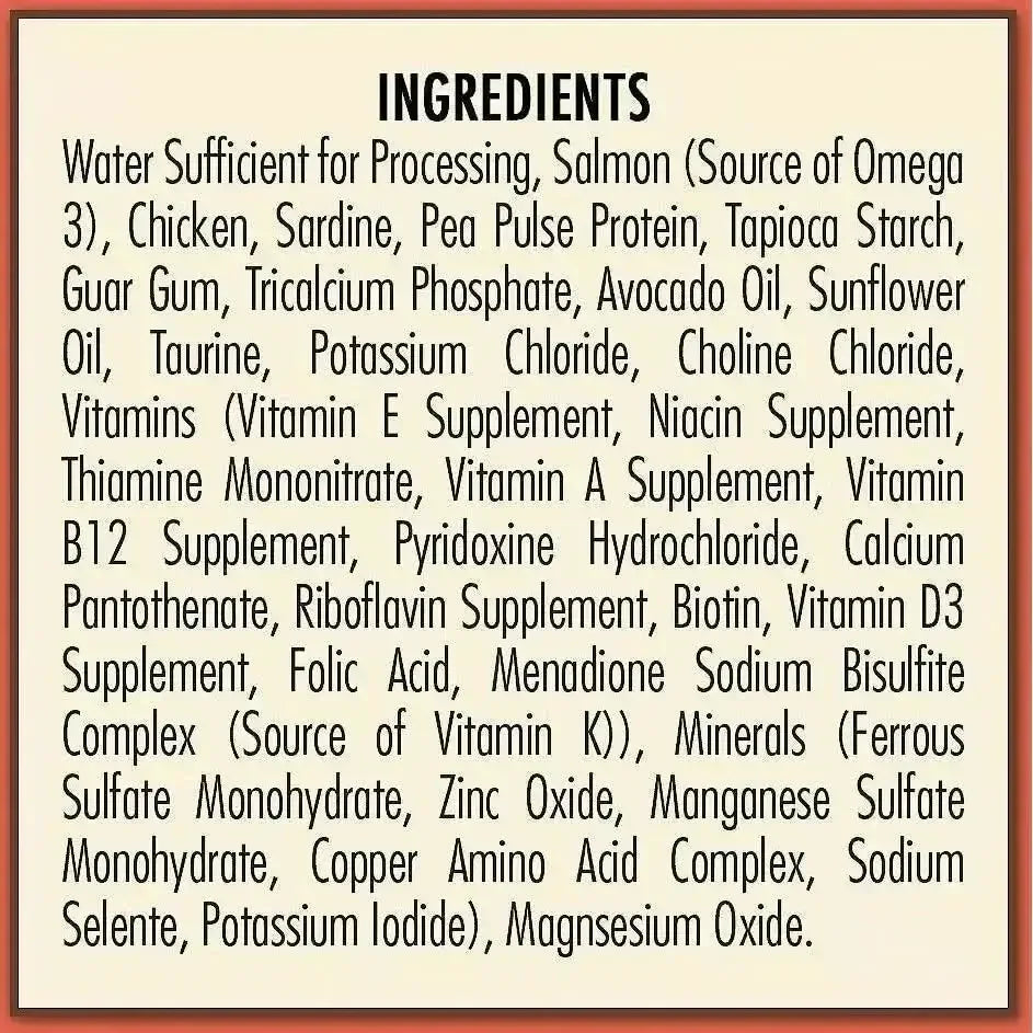 The AvoDerm Grain Free Salmon Recipe in Gravy Cat Food Pouch features a cream label with a red border listing water, chicken, sardine, salmon, pea protein, vitamins, oils & more—ideal for those seeking premium grain-free salmon cat food.