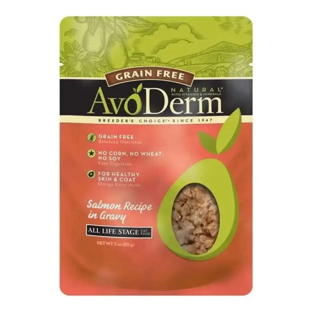AvoDerm Grain Free Salmon Recipe in Gravy Cat Food Pouch 24ea/3oz features green and orange packaging with an avocado image. This grain-free AvoDerm cat food supports healthy skin & coat with no corn, wheat, or soy.