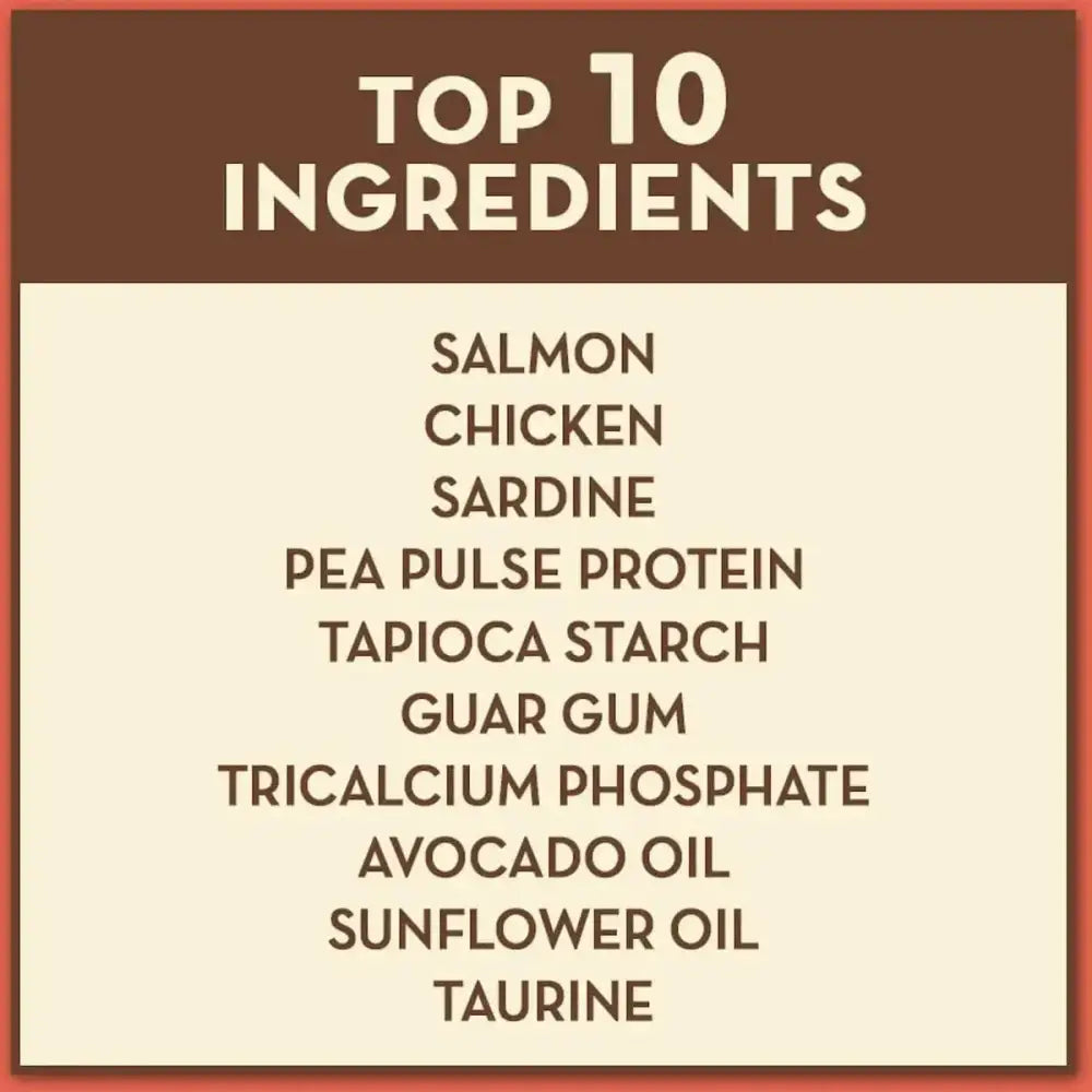 AvoDerm Grain Free Salmon Recipe in Gravy Cat Food Pouch features top ingredients like salmon, chicken, sardine, pea pulse protein, tapioca starch, guar gum, tricalcium phosphate, and avocado oil—perfect for quality avocado cat food seekers.