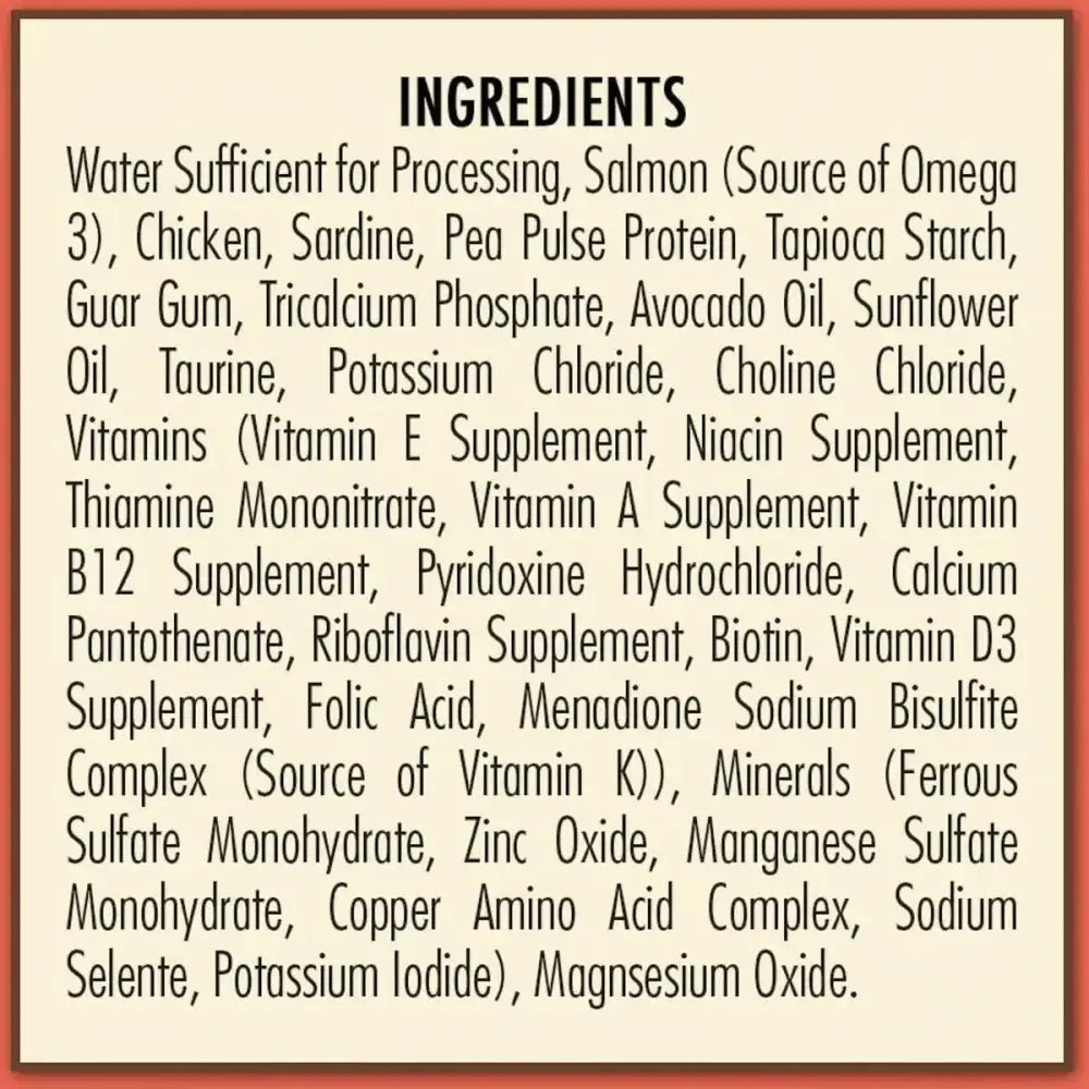 AvoDerm Grain Free Salmon Recipe in Gravy Cat Food Pouch 24ea/3oz features chicken, vegetables, vitamins, minerals, oils, and supplements on a cream background with a red border—perfect for those seeking quality AvoDerm wet cat food pouches.