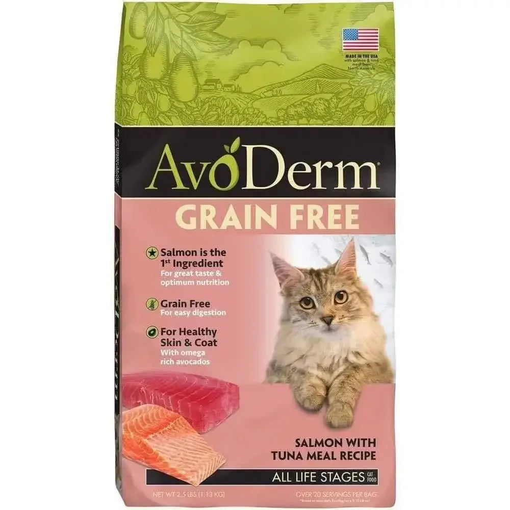 AvoDerm Grain Free Salmon with Tuna Meal Dry Cat Food features a cat photo and salmon images on the bag. This AvoDerm formula supports healthy skin and coat, making it an excellent choice for your cat.