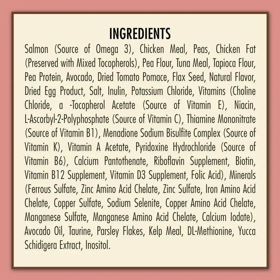 AvoDerm Grain Free Salmon with Tuna Meal Dry Cat Food ingredients are shown on a beige background with a pink border. INGREDIENTS is bolded at the top, followed by the detailed list in smaller text. Brand: AvoDerm.