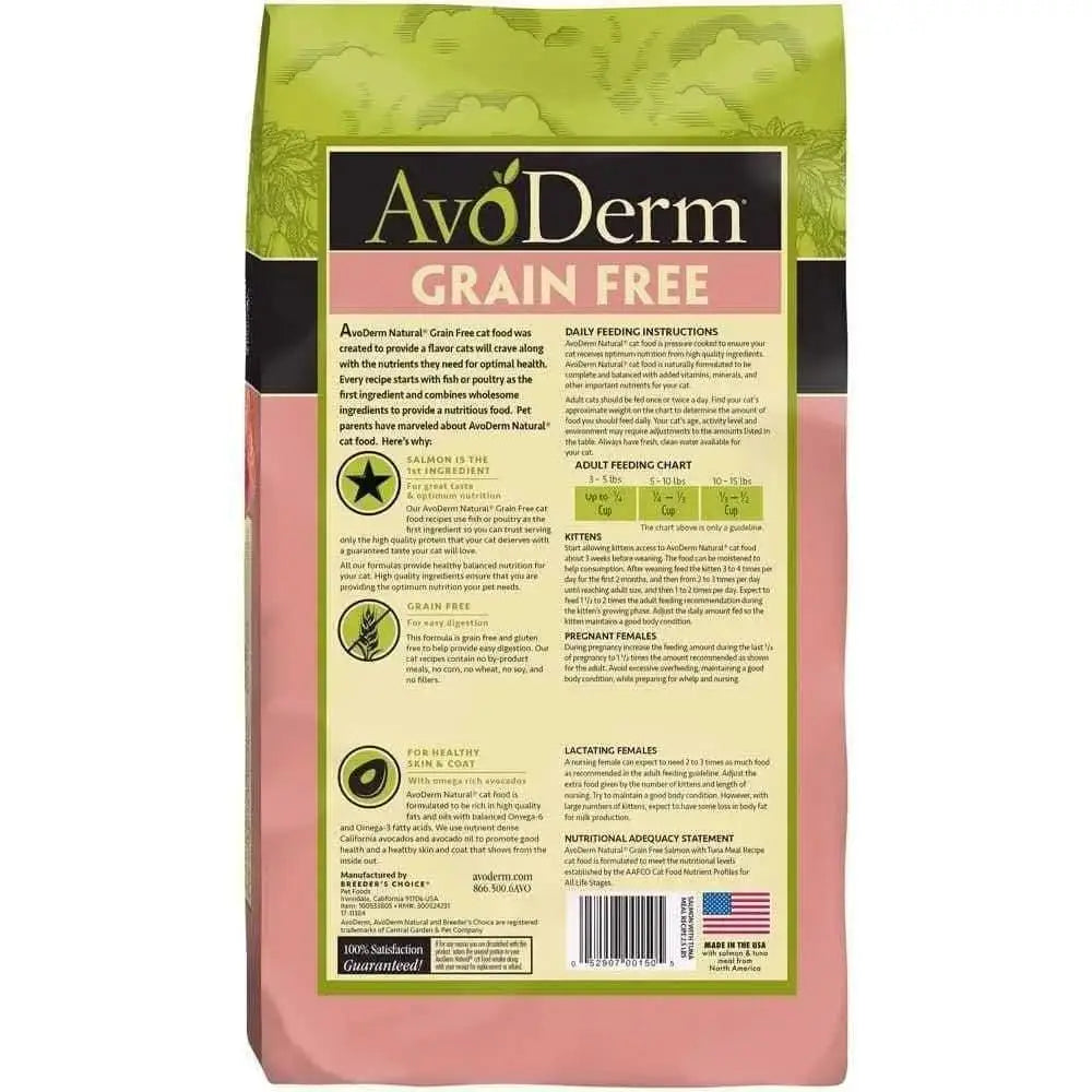 Back of an AvoDerm Grain Free Salmon with Tuna Meal Dry Cat Food bag, showing avocado cat food benefits, product info, feeding guide, ingredients, and nutrition facts on a green and pink background.