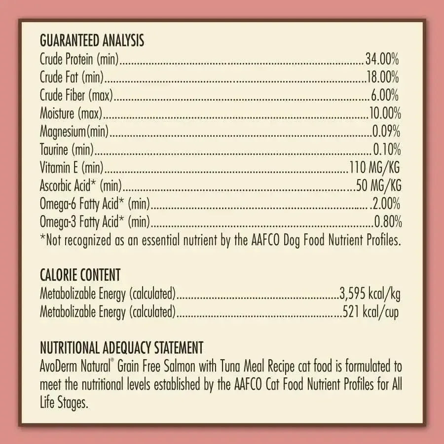 The AvoDerm Grain Free Salmon with Tuna Meal Dry Cat Food label lists guaranteed analysis, calorie content, and states it meets AAFCO cat food nutrient profiles for all life stages—ideal for your salmon and tuna-loving cat.